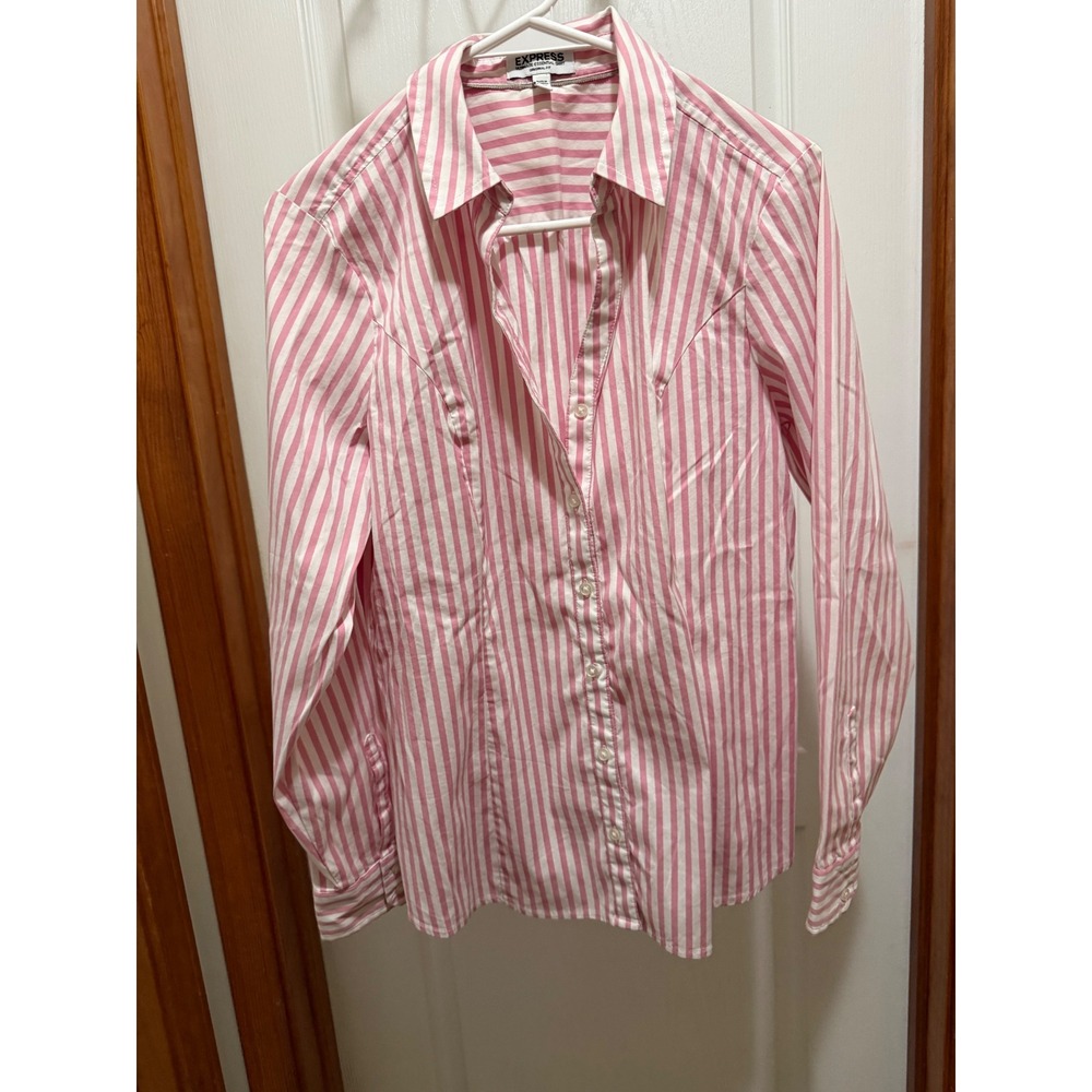 Express Ultimate Essential Shirt Pink White Striped Button Down Top Large